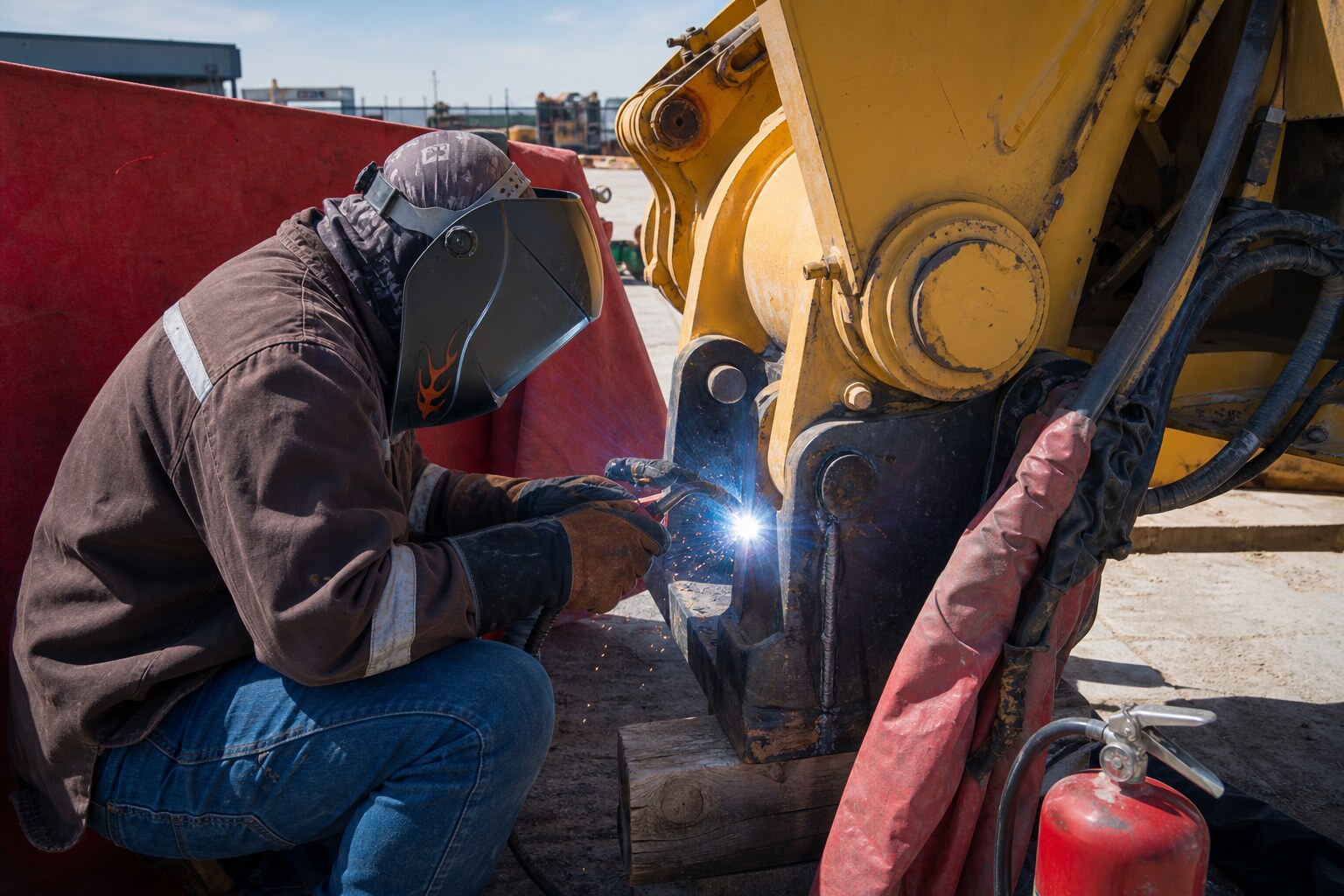 Field welder completing a controlled steel repair in a West Texas service yard